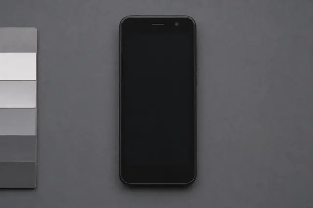 Sample intake photo: front of a powered-down phone beside a grey-scale reference card
