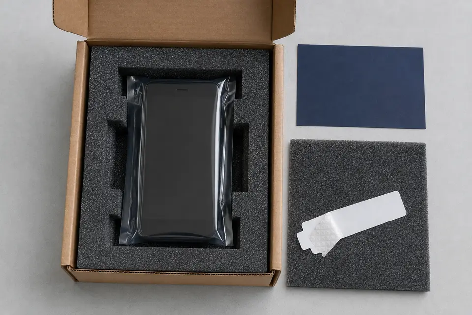 A phone sealed in a clear anti-static bag, nested in foam inside a padded box ready to post
