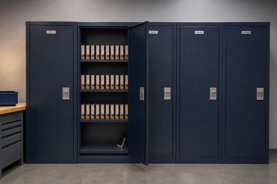 A row of numbered, locked storage cabinets, one standing open to show sealed and labelled device boxes on its shelves