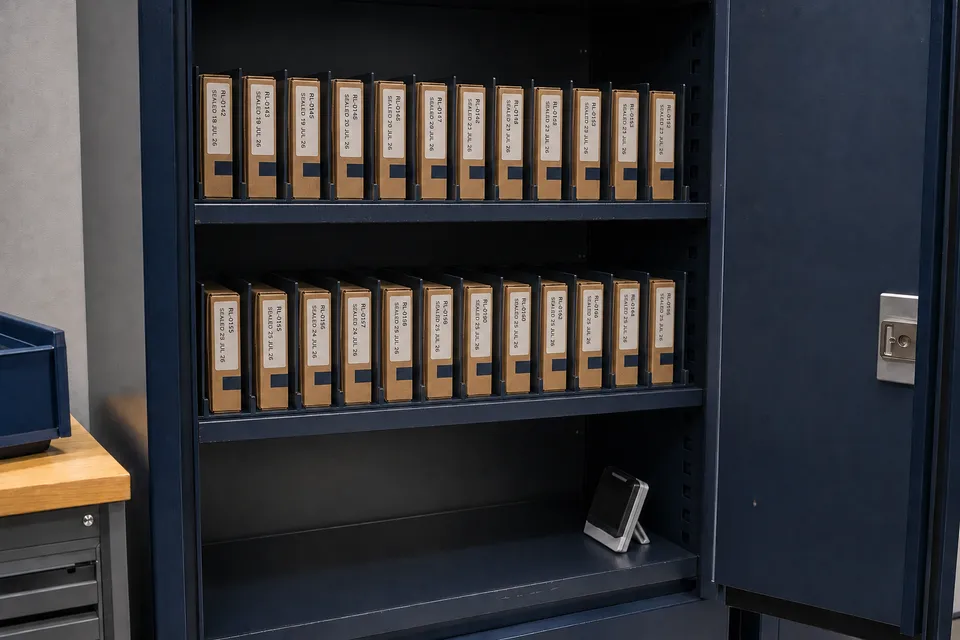 Sealed, labelled device boxes standing upright on cabinet shelves, each label showing a custody reference and a seal date