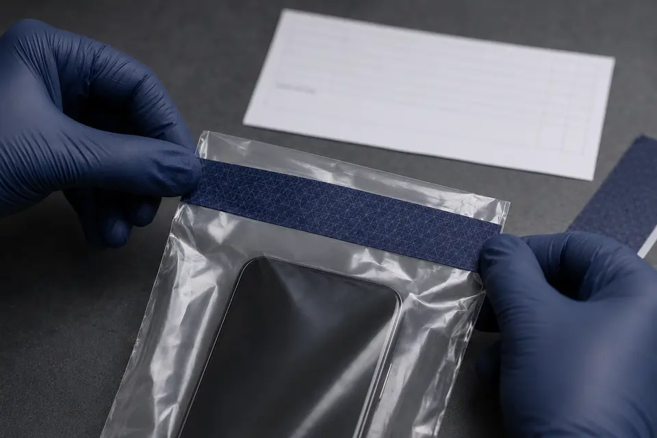 Gloved hands applying a tamper-evident seal across a bagged phone beside a custody form